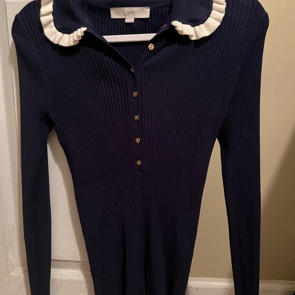 LOFT Navy Button Down Shirt with Cream Details and cute buttons - Picture 6 of 6